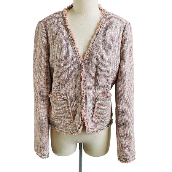 Rebecca Taylor Pink Tweed Fringe Trim Blazer Jacket Women’s Size 10 - Picture 3 of 12
